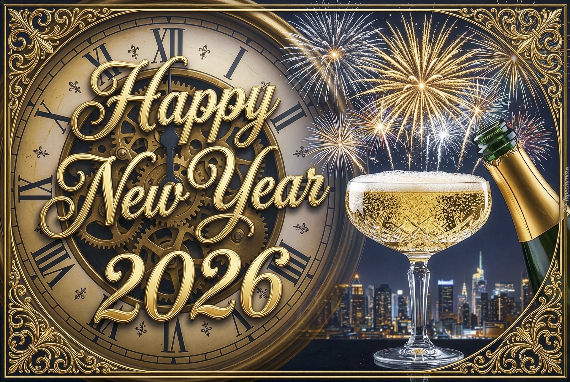 Sylwester, Nowy Rok, 2026, Zegar, Napis, Happy New Year, Kieliszek, Butelka, Fajerwerki