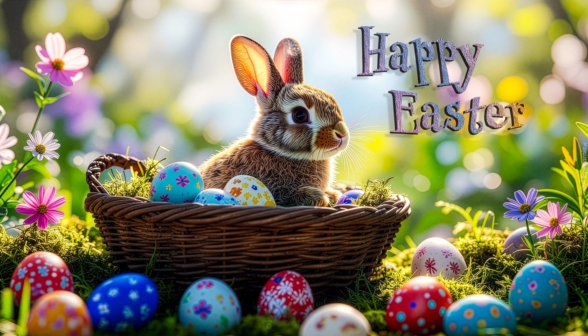 Wielkanoc, Koszyk, Królik, Kolorowe, Pisanki, Mech, Kwiaty, Napis, Happy Easter