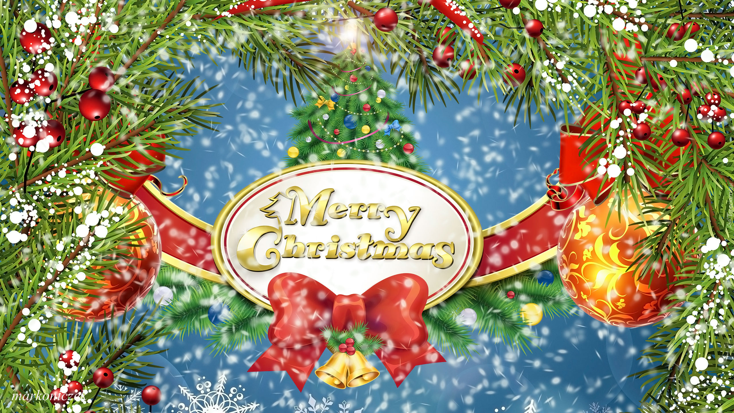 Boże Narodzenie, Bombki, Gałązki, Grafika, Życzenia, Merry Christmas