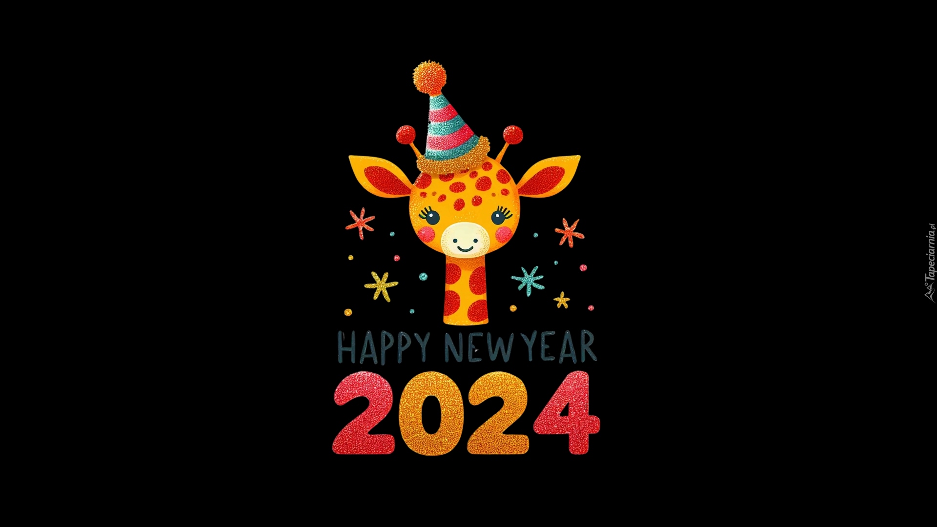 Nowy Rok, 2024, Życzenia, Żyrafa, Czapka, Czarne, Tło, Grafika