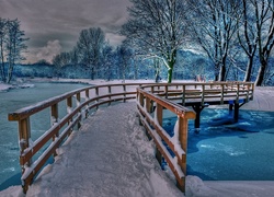 Rzeka, Mostek, Drzewa, Śnieg