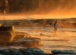 Morze, Skały, Zachód, Słońca, Surfing