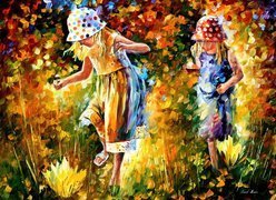 Dziewczynki, Trawa, Leonid Afremov, Kapelusze