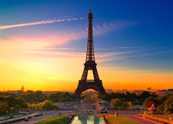 Francja, Paryż, Zachód, Słońca, Wieża Eiffla