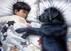 Śpiące, Dziecko, Pies, Kołderka, Podusie