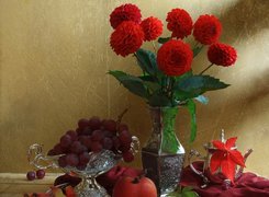 Srebrna, Zastawa, Czerwone, Dalie, Owoce