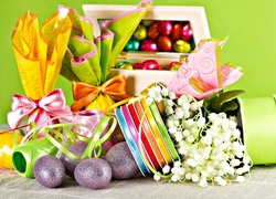 Wielkanocne, Jajeczka, Prezenty, Wstążki, Konwalie