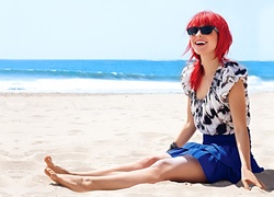 Kobieta, Uśmiech, Plaża, Czerwone, Włosy
