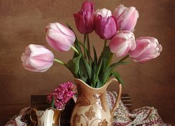 Różowe, Tulipany, Gliniane, Dzbanki