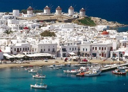 Plaża, Mykonos, Grecja, Wiatraki