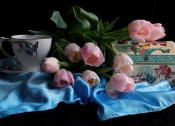 Różowe, Tulipany, Pudełko, Filiżanka, Tkanina