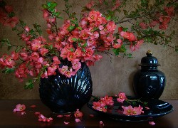 Granatowa, Porcelana, Różowe, Kwiaty