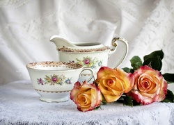 Róże, Porcelanowa, Filiżanka, Dzbanek
