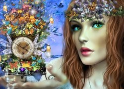 Dziewczyna, Zegar, Czas, Motyle, Fantastyka, Josephine Wall