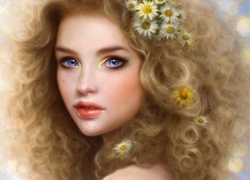 Dziewczyna, Kwiatki, Niebieskie, Oczy