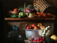 Stół, Owoce, Jabłka, Warzywa, Kosz, Butelki