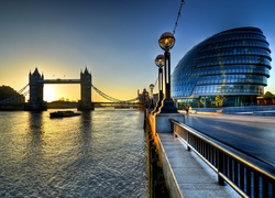 Tower Bridge, Tamiza, Londyn, Zachód, Słońca