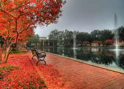 Jesień, Park, Fontanny, Ławka