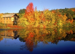 Jesień, Jezioro, Dom, Drzewa, Kolorowe
