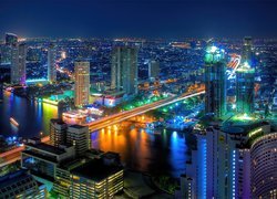 Bangkok, Miasto, Nocą, Rzeka, Most