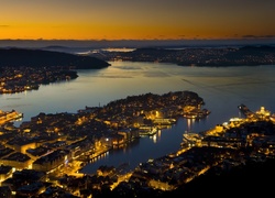 Bergen, Noc, Panorama, Miasto, Zatoka