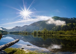 Jezioro, Las, Góry, Promienie, Słoneczne