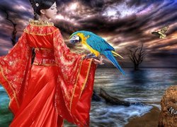 Kobieta, Kimono, Papuga, Morze