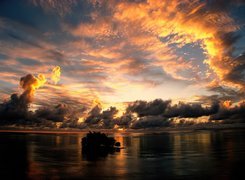 Ocean, Wysepka, Chmury, Zachód, Słońca, Tahiti