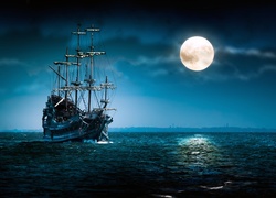 Statek, Morze, Księżyc