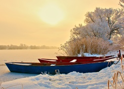 Zima, Zamarznięte, Jezioro, Łódki