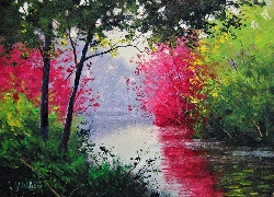 Jezioro, Drzewa, Czerwone, Liście
