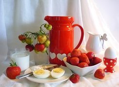 Kolorowa, Porcelana, Truskawki, Jajka, Śniadanie