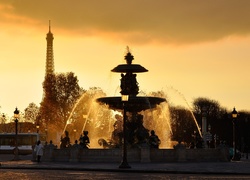Paryż, Wieża, Eiffla, Fontanna, Zachód, Słońca