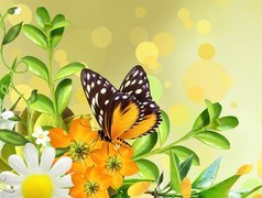 Żółte, Kwiaty, Motyl, Art