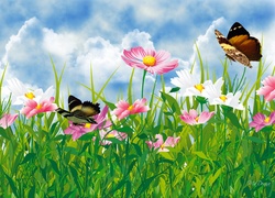 Kwiaty, Niebo, Motyle, Art