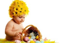 Dziecko, Koszyk, Kwiaty, Jajka