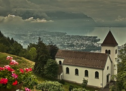 Kościół, Zbocze, Panorama, Miasteczko, Ciemne, Niebo