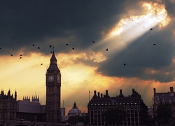 Big Ben, Londyn, Zachód Słońca, Promienie