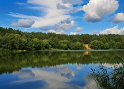 Jezioro, Las, Niebo, Chmury