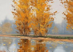 Jesień, Rzeka, Drzewa, Farba, Obraz
