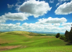 Panorama, Pola, Drzewa, Góry, Chmury