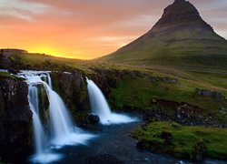Skały, Wodospad, Zachód, Słońca, Islandia