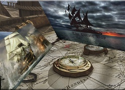 Mapa, Kompas, Obrazki, Statek