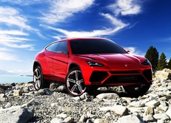 Rzeka, Kamienie, Niebo, Czerwony, Lamborghini Urus