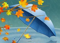 Jesienne, Liście, Parasol, Deszcz