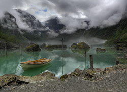 Jezioro, Bondhus, Norwegia, Kamienie, Łódka