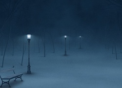 Park, Noc, Śnieg, Latarnie