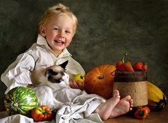 Chłopiec, Kot, Warzywa