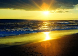 Morze, Plaża, Zachód, Słońca