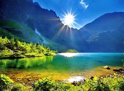 Jezioro, Góry, Słońce, Promienie
